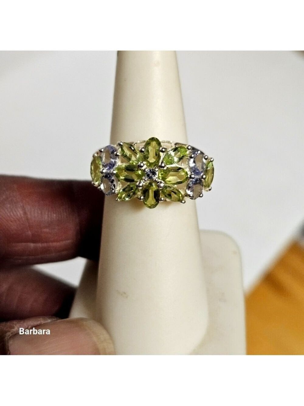 Sterling 925 Green Peridot Cluster Ring, Size 5.5